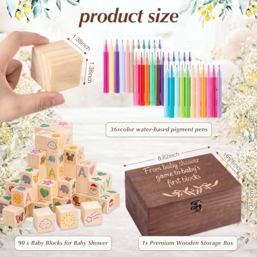115 Pcs Baby Shower Decorate a Block Game Kit 90 Wooden Baby Blocks 1.38" X 1.38" with 25 Pages/500 Pcs Stencils 36 Colorful Markers Keepsake Storage Box for Game Sign Wedding Party Decoration - Image 2