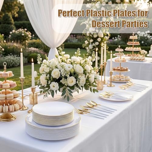 DaYammi 150Pcs Gold Plastic Plates with Disposable Silverware,White Gold Disposable Dinnerware Set - 30 Dinner Plate,30 Dessert Plate,90 Gold Cutlery with White Handles,Fancy Plates for Party Wedding - Image 3