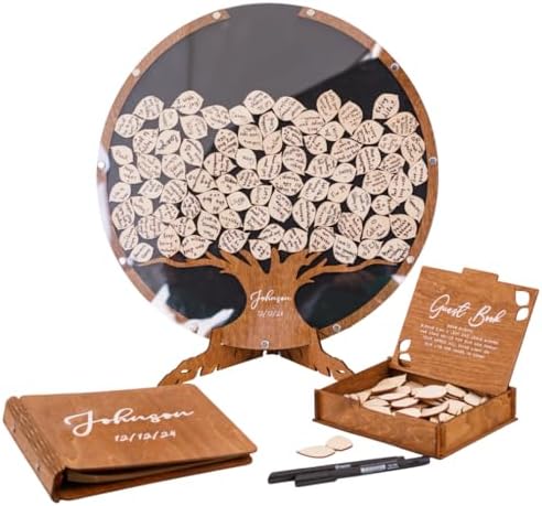 Rustic Wedding Guest Book, Personalized Guestbook Alternative with Wooden Drop Box Frame with 150 pcs Leaves, Wedding Decor for Reception Anniversary Party Engagement, Tree Guest Book (Round, Black) by Handmade