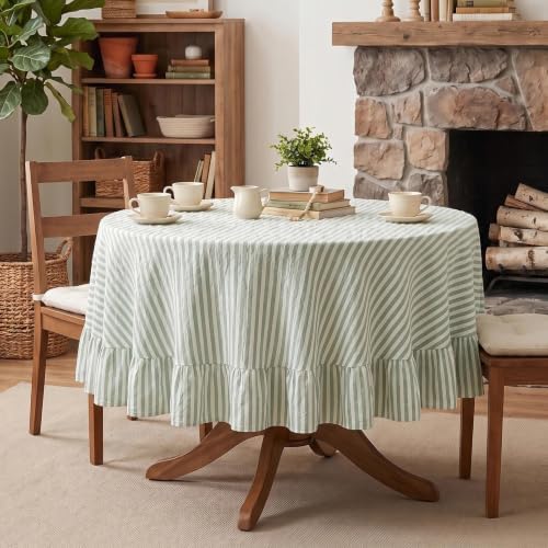 Eternal Beauty Striped Ruffled Round Tablecloth 60 Inch Green White - Image 5