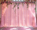 Pink Tulle Backdrop Curtains with Lights String for Parites 20ft×8ft Pink Sheer Backdrop Curtains for Baby Shower Girls Bridal Shower Birthday Party Photo Shoot Decorations(4 Panels 5×8ft) by Suppromo
