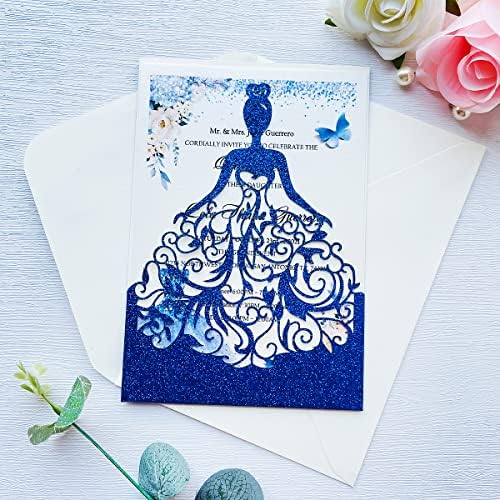 5.12 x7.28 inch 20PCS Royal Blue Glitter Quinceanera Invitations Kit Laser Cut Hollow Girl Princess Pocket with Envelopes Invitations for Quinceanera Bridal Shower Invite - Image 5