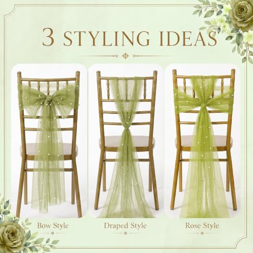 VitalCozy 50 Pack Sage Green Pearls Chair Sashes with Bows Wedding Decor - Image 4