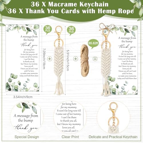 Ecation 36 Sets Boho Baby Shower Favors for Guests Macrame Keychains with Eucalyptus Leaf Thank You Cards Bulk Crochet Tassel Key Rings Bohemian Baby in Bloom Party Favor for Return Gift Souvenir - Image 2