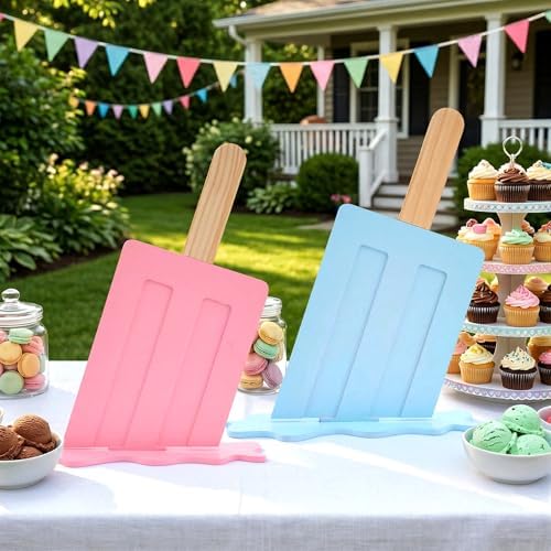 2 Pcs Wooden Ice Cream Sign Ice Cream Pop Party Decorations 20" Ice Lolly Centerpiece Table Sign Macaron Pink Blue Party Decor for Summer Baby Shower Gender Reveal Birthday Supplies by Arcturine