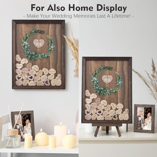 Aodaer Wedding Guest Book Alternative Drop Top Frame Heart Drop Wood Guest Book with Stand 122 Wooden Hearts Pens Box Mini Blackboard Rustic Wedding Decorations for Reception Baby Shower, Brown - Image 5