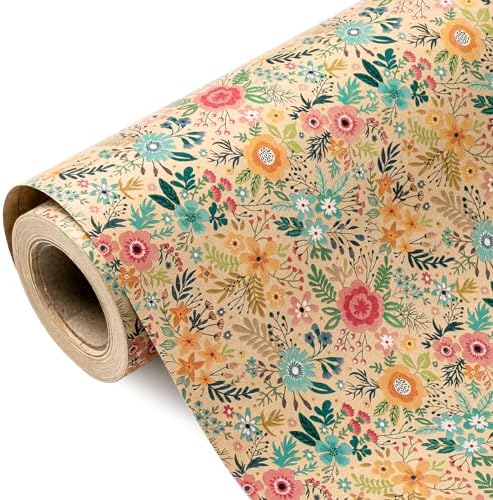 WRAPAHOLIC 30 Inch Jumbo Kraft Floral Wrapping Paper Roll - 30 Inch x 100 Feet Jumbo Roll - Spring Summer Garden Flower Design Perfect for Wedding, Bridal Shower, Birthday by WRAPAHOLIC