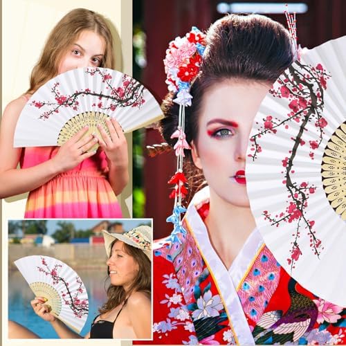 Roowest 50 Pcs Cherry Blossom Hand Paper Fans Chinoiserie Favor Kit Folding Chinese Japanese Retro Hand Fans with Organza Bag Summer Wedding Party Supplies Bridal Shower Gifts for Guests - Image 5