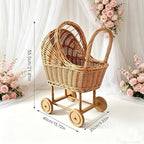 Vintage Wicker Stroller-Style Flower Basket with Wheels, for Wedding Party - Image 2