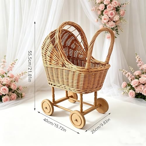 Vintage Wicker Stroller-Style Flower Basket with Wheels, for Wedding Party - Image 2