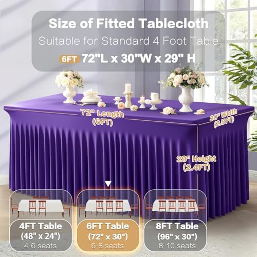 6 Packs Purple Spandex Table Covers 6 Foot, Fitted Stretch Table Cloth with Skirts 72x30 Inch, Wrinkle-Free Floor Length Rectangle Tablecloths for Trade Show Weddings Parties Banquets Events - Image 3