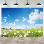 20x10ft Spring Backdrop Blue Sky Green Grass Photography Background Clouds White Flowers Natural Scenery Wedding Banner Decorations Kids Adults Birthday Baby Shower Portrait Photo Booth Prop by ASDCXZ