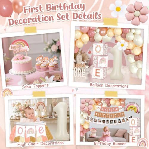 Boho 1st Birthday Decorations for Girl, Pink Rainbow First Party Supplies - Image 3