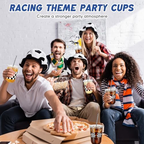 LemonRoad 100sets 16oz Checkered Flag Cups Race Car Birthday Party Decorations Supplies Plastic Cups Disposable with Lids and Straws for Racing Party Christmas Birthday Wedding Baby Shower Decoration - Image 7