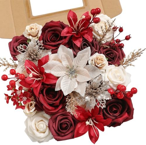 YYHUAWU Artificial Christmas Flowers Greenery Combo Box Set Faux Flowers Bulk Flower Leaf with Stems for DIY Tree Ornaments Xmas Wreath Floral Arrangements Centerpieces by YYHUAWU