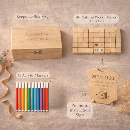 Nolia Baby Shower Blocks Decorating Game – 48 Wooden Cubes to Decorate, Storage Box, 12 Acrylic Markers & Instruction Sign (Natural) - Image 5