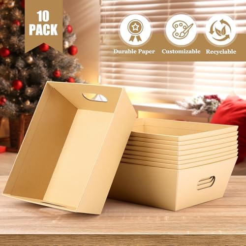 AFOROEOA 10PACK Baskets For Gifts Empty, 10 x 8”Thick Kraft Gift Basket with 10 Clear Gift Bags and 10 Pull Bows, Empty Gift Baskets for Christmas, Thanksgiving Wedding Birthday Party Wrapping Gift - Image 3