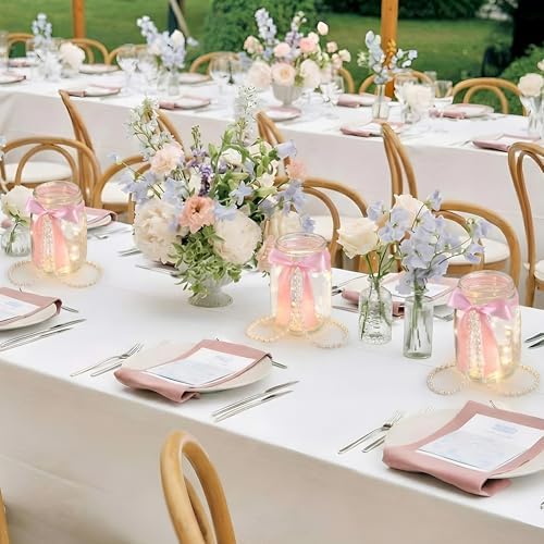 6 Sets Mason Jars Centerpieces with Light for Table, Pink Bow - Image 5