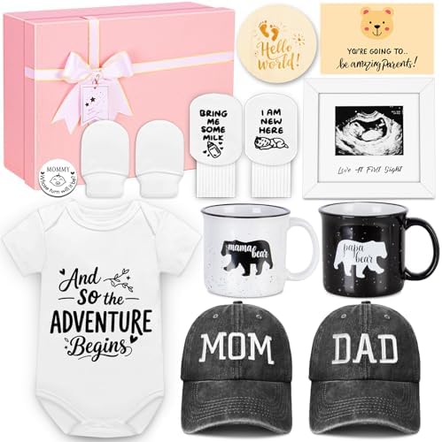 New Parents Gifts for Couples, First Time Mom & Dad Baby Gift Basket with Decision Coin, Ultrasound Frame, Caps, Gender Reveal Present, Expecting Parents, Pregnancy Announcement, Congrats by Unknown