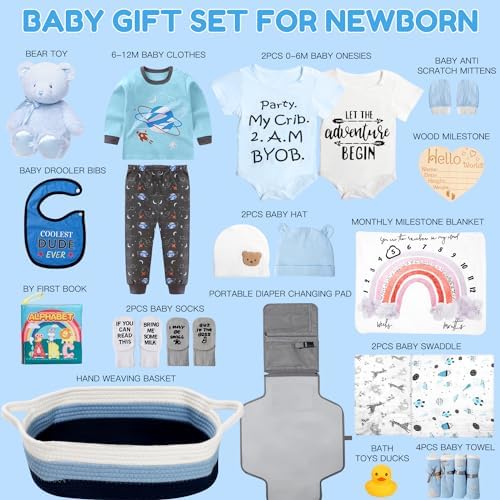 iAOVUEBY Baby Gift Set for Newborn, New Baby Boy Gift Basket, Newborn Essentials Hat Onesie Bear Toys Keepsake Blanket Infant Diaper Changing Pad Bibs, Baby Shower Gifts for Boys - Image 2
