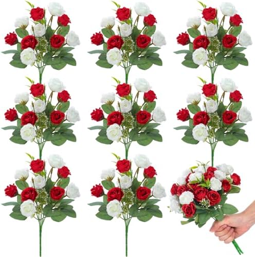 Zeyune 8 Pack 12 Inch Artificial Rose Bouquet, Red and White by Zeyune