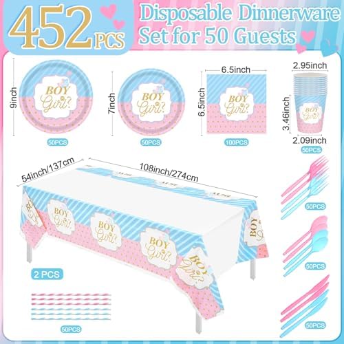 Potchen 452 Pcs Boy or Girl Plates Napkins Party Supply, Blue Pink - Image 3