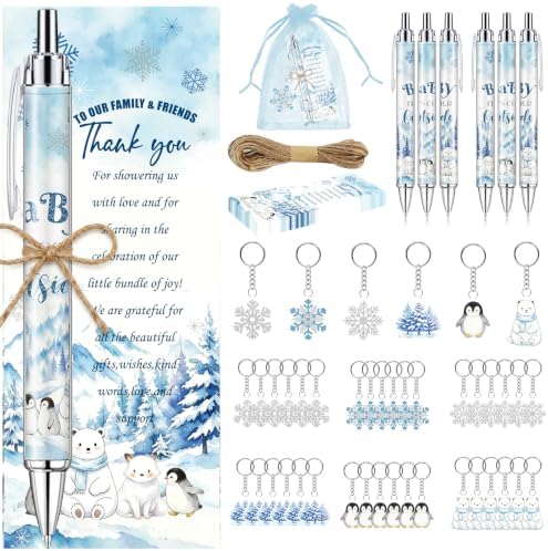 145 Pcs Baby It’s Cold Outside Baby Shower Favors for Guests, Winter Wonderland Retractable Ballpoint Pens, Keychains, Thank You Cards, Gift Bags, Gender Reveal Party Souvenirs Bulk Party Prizes by EYNDYN