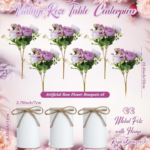 3 Sets Artificial Peonies Flower Peony Bouquet with Galvanized Metal Pot Silk Fake Peonies Faux Flower Arrangements for Wedding Table Centerpiece Party Home Room (Purple) - Image 2
