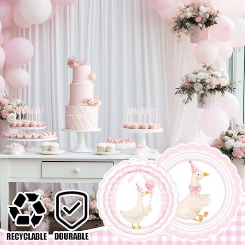 Zhehao 350 Pcs One Silly Goose Birthday Party Tableware Set Scalloped Pink Bow Baby Shower Plates Cup Napkins Forks for Birthday Party Decorations Supplies for 50 Guests - Image 3