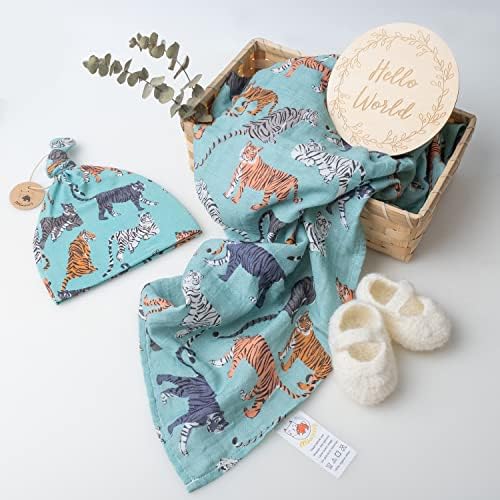 Miaoberry 100% Organic Cotton Baby Muslin Swaddle Blanket Set|Tiger in Teal| Gender Neutral for Boys Girls| Hospital Home Coming Receiving Blanket |Newborn Unisex - Image 4