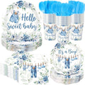 400 Pcs Blue Baby Boys Shower Party Supplies Hello Sweet Boy Floral Themed Disposable Paper Plates Napkins and Cups for It's a Boy Baby Shower Gendal Reavel Birthday Decorations by Sunnychicc