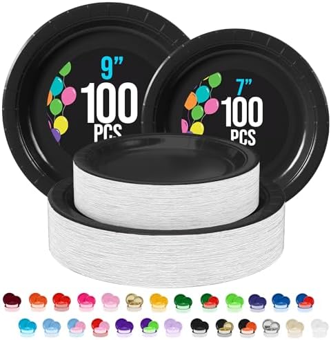 Party Solids Exquisite Black Paper Plates Disposable Heavy Duty 200 Pcs - 100-7" & 100-9" Black Disposable Plates For Party Heavy Duty 350 GSM For Birthday Supplies by PartySolids