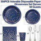 Gudvilla350 PCS Navy Blue Plates and Napkins Party Supplies,Navy Blue Paper Plates with Plastic Silverware Serve 50 Guests,Blue and Silver Birthday Plates Disposable for Wedding Retirement Decorations - Image 2