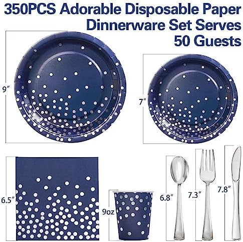 Gudvilla350 PCS Navy Blue Plates and Napkins Party Supplies,Navy Blue Paper Plates with Plastic Silverware Serve 50 Guests,Blue and Silver Birthday Plates Disposable for Wedding Retirement Decorations - Image 2