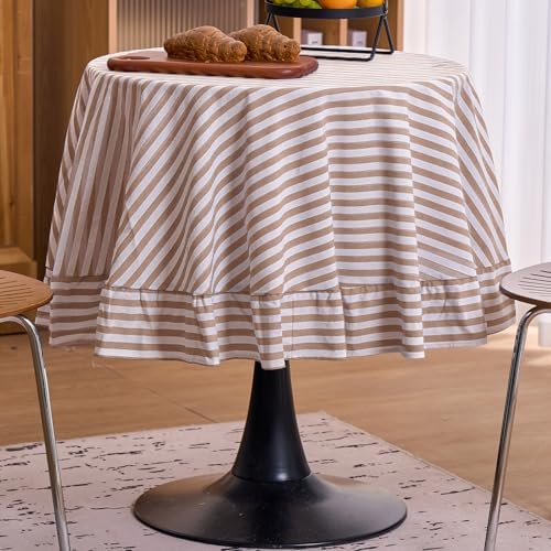 vctops Farmhouse Khaki Stripe Ruffle Table Cloth, Boho Cotton Linen Tablecloth, Washable Table Cover for Round Table Baby Shower Kitchen Party Wedding Decor (Khaki B,70") by vctops