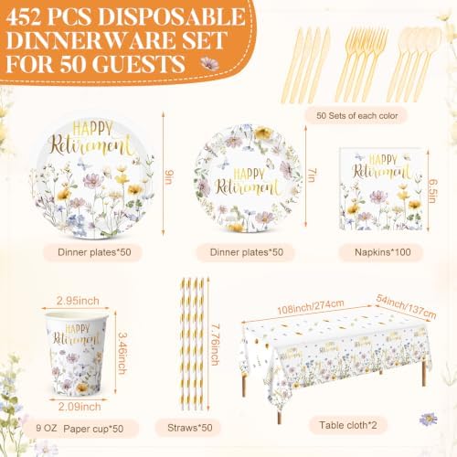Funnymoom 452 Pcs Happy Retirement Supplies Tableware for 50 Guests, Wildflower Themed Retirement Paper Plates Napkins Cups Tablecloth Cutlery Straws for the Aged Women Say Goodbye Party Decoration - Image 2