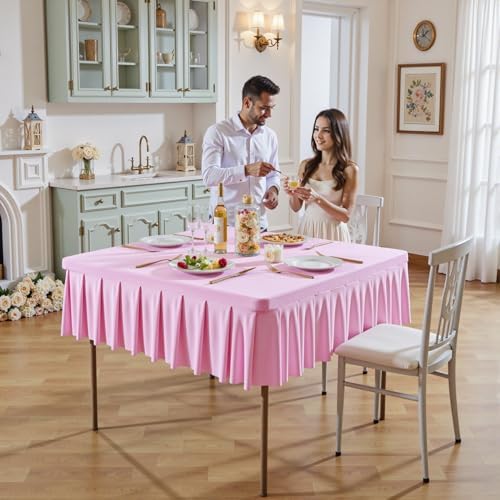 Wish Care 2 Pack Pink Spandex Tablecloths for 34x34 Inch Square Tables, Stretch Fitted Table Clothes with Pleated Ruffle Skirt for 34” Table, Wrinkle Free and Elastic, for Party Kitchen Home Dining - Image 3