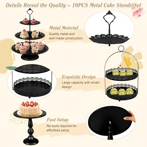 10 Pcs Black Cake Stand Set Metal Cupcake Stands, Multiple Styles Dessert Display Tower for Candy Fruit, Cake Serving Trays for Birthday, Wedding, Anniversary, Baby Shower, Engagement Party - Image 6