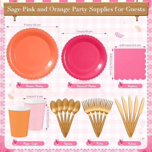 Zhehao 350 Pcs Pink and Orange Party Plates Cups Napkins Set - Image 3