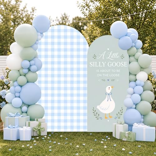 2PCS Silly Goose Baby Shower Arch Backdrop Cover Green Blue 6ft 7.2ft Stretchy Spandex Fitted A Silly Goose is About to Be on the Loose Backdrop for Silly Goose Baby Shower Decorations Party Supplies - Image 4