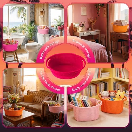 LemonRoad 5 Pcs Cotton Rope Basket with Handles 9x6x5" Pink Orange Color - Image 5