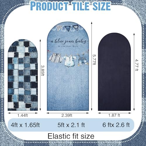 Chunful 3 Pcs Blue Jean Baby Shower Arch Backdrop Cover Baby Shower Photo Background Decor 2-Sided Round Top Cute Backdrop Arch Cover for Wedding Birthday Party Decoration 6 Ft/5 Ft/4 ft (Blue) - Image 2