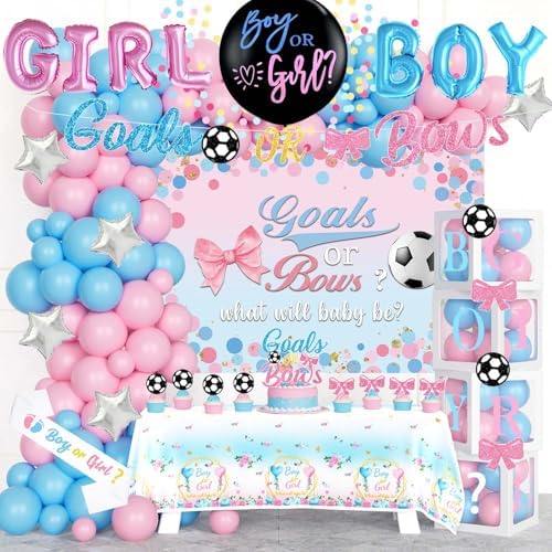 Soccer Gender Reveal Decorations, Baby Boy or Girl Gender Reveal Party Decor, Goals or Bows Backdrop Balloon Banner Tablecloth Cake Topper Box Sash for He or She Sports Gender Reveal Supplies by Fiesec
