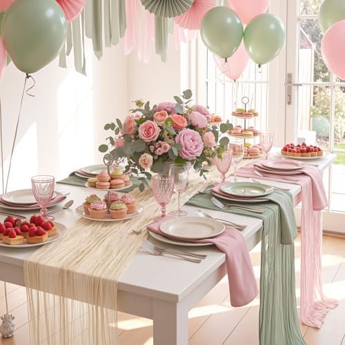 6pcs Sage Green & Pink Cheesecloth Table Runners 118" Boho Gauze - Image 3