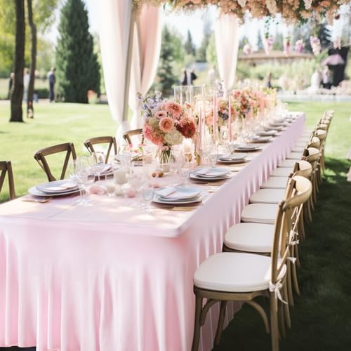 1 Pack Pink Table Clothes for 6 Foot Rectangle Tables, One-Piece Wrinkle Resistant Stretch Spandex Table Covers with Skirt for Event Banquet Wedding Birthday Party - Image 5