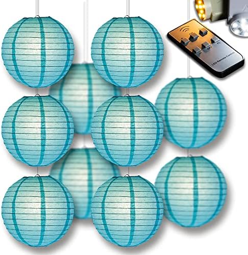 PaperLanternStore.com 10" Water Blue Paper Lantern Party Pack with Remote Controlled LED Lights (10-Pack Combo Kit) by Fantado+Party+%26+Event+Lighting