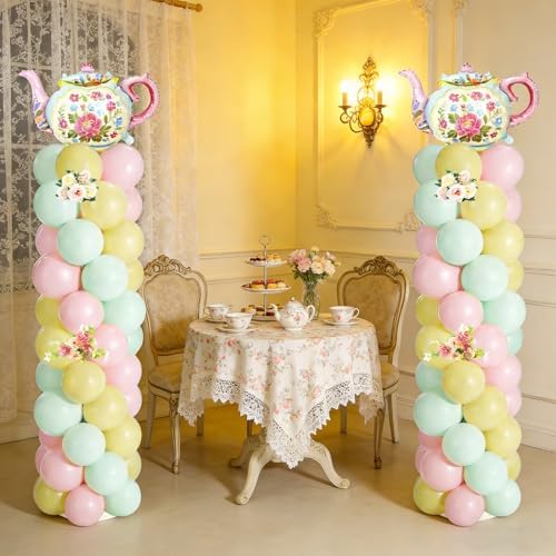 2 Sets Tea Party Balloon Column Stand Kit with Let's Partea Backdrop & 100 Balloons Adjustable Balloon Tower Stand with Bases for Girls Birthday Baby Bridal Shower Garden Party Decor Supplies - Image 6
