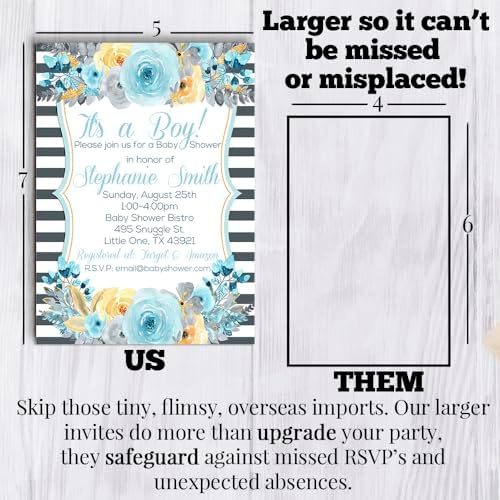 Custom Baby Shower Invites Blue Gray Gold Peony Baby Shower Invitations 20 5x7 Custom Personalized Rustic Floral Invites With Envelopes - Unique Cards - Image 7