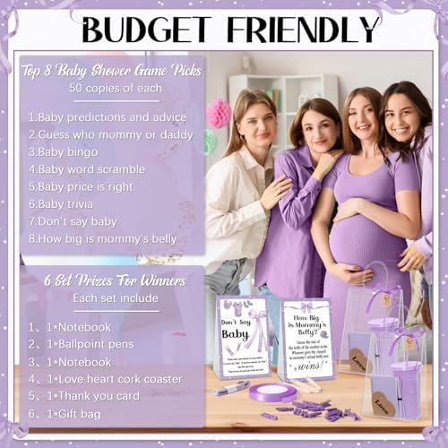 Dunzoom 461 Pcs Funny Baby Shower Games with Prize for Guest Winner, Purple - Image 4