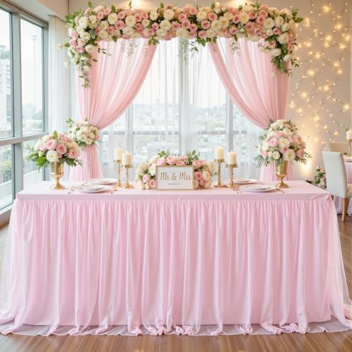 Pink Tablecloths for 8 Foot Rectangle Tables Tulle Tablecloth Light Pink Table Cloth Rectangle 8ft Stretch Spandex Table Cover for Baby Shower Girls Birthday Party Wedding Banquet Desk Table Skirt by HBBMAGIC